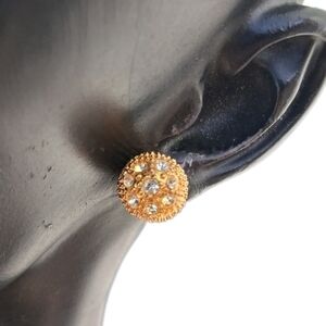 Vintage Gold Textured Pave Stud Earrings • Crystal Rhinestone Ball Studs